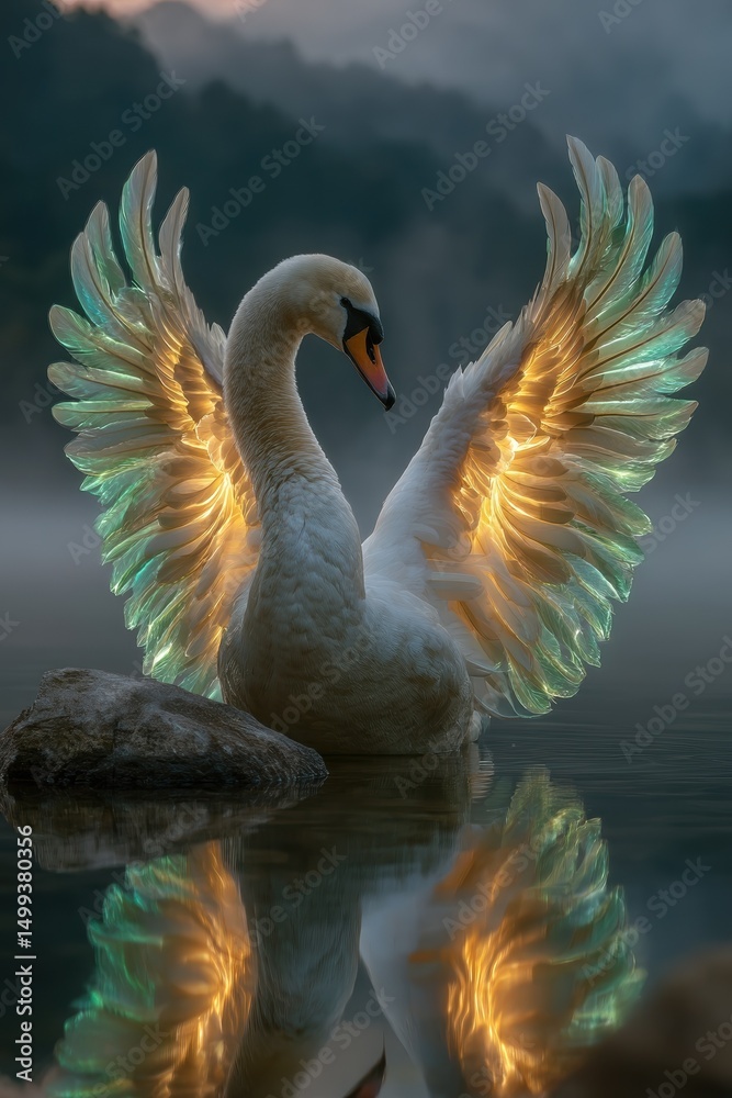 Obraz premium Majestic Swan with Glowing Wings on a Calm Lake at Dawn A serene and magical scene of nature's beauty