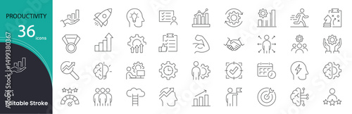 Productivity related icons set. Including task, goal, focus, time, checklist, planner, and efficiency. Editable stroke. outline icons.