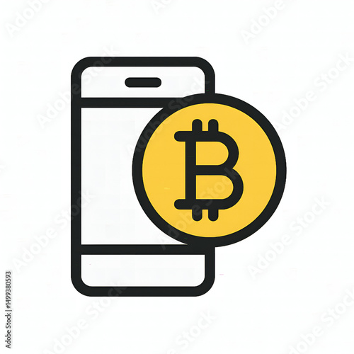 Wallpaper Mural An icon featuring a black-outlined smartphone with a yellow Bitcoin symbol overlaid, set against a white background, representing mobile cryptocurrency use. Torontodigital.ca