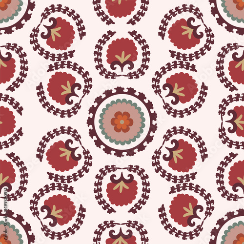 Suzani pattern background - flowers, traditional art in Central Asia and Uzbekistan. Embroidery textile product. Using in home decor