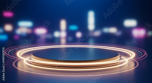 Golden circular stage with bokeh lights background