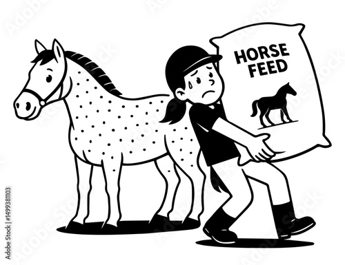 Girl struggling to carry a heavy bag of horse feed with a horse standing behind her
