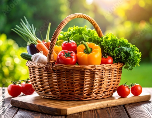 Basket full of colorful and vibrant vegetables sitting on a countertop.  A wicker basket with carrots, red peppers, lettuce, yellow peppers, garlic, broccoli and cauliflower inside. A cornucopia.