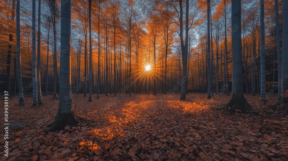 Obraz premium Golden Sunset Through Bare Trees in Autumn Forest Floor Covered with Leaves