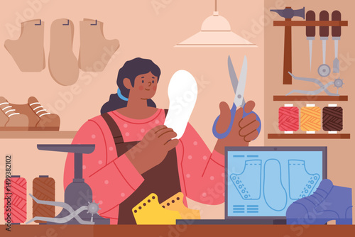 Flat Woman Shoemaker Working Composition