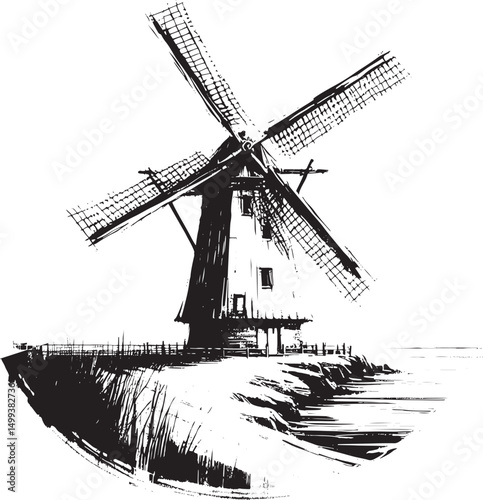Artistic depiction of a traditional windmill in monochrome, surrounded by a serene coastal environment with natural grasses and a reflective ambiance.
