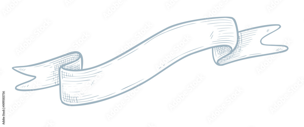 Obraz premium Hand drawn vector illustration of curled Ribbon. Linear pastel blue drawing for vintage designs, retro labels, invitations, and children celebration templates. Outline sketch of retro banner.
