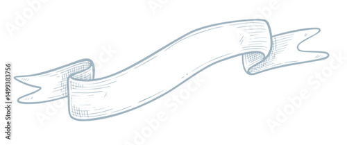 Hand drawn vector illustration of curled Ribbon. Linear pastel blue drawing for vintage designs, retro labels, invitations, and children celebration templates. Outline sketch of retro banner.