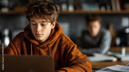 Young man using a laptop for education, work, or fun at home