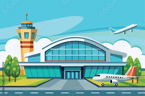 Modern Airport Building, Passenger Plane, 3D. Blue Banner for Commercial Transportation, Business, and Travel Concepts. City Infrastructure, International Air Transportation. Vector Art Illustration.