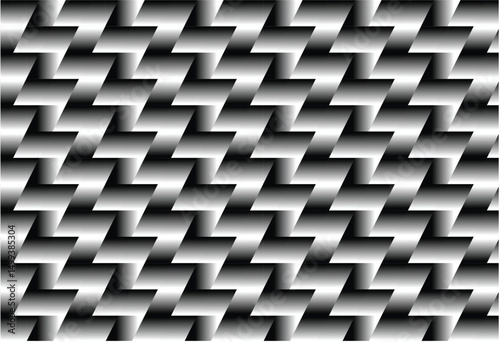 zig zag black and white geometric pattern, creating an optical illusion of depth and dimension. It is made up of repeating shapes with alternating shades