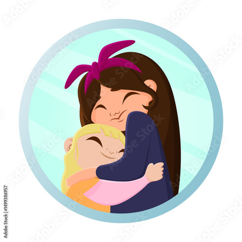 Happy sisters hug each other. Sweet girlfriends hug each other.