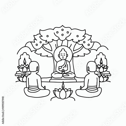 Buddha Teaching Meditation Scene Under Bodhi Tree Outline Vector Art