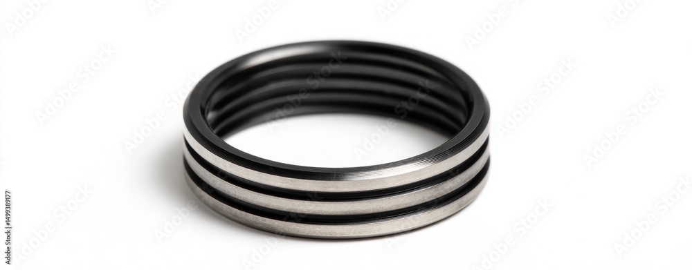 Naklejka premium Stainless steel flat ring with black layered design isolated on white background. High-resolution industrial product photography showcasing precision engineering and minimalist design