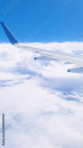 flight window view of bright blue sky above clouds and aircraft wing at day