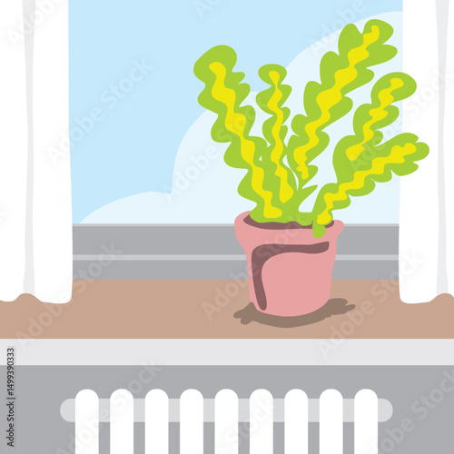 Vector of a houseplant placed near the window in a room, flat colours, minimalist design.