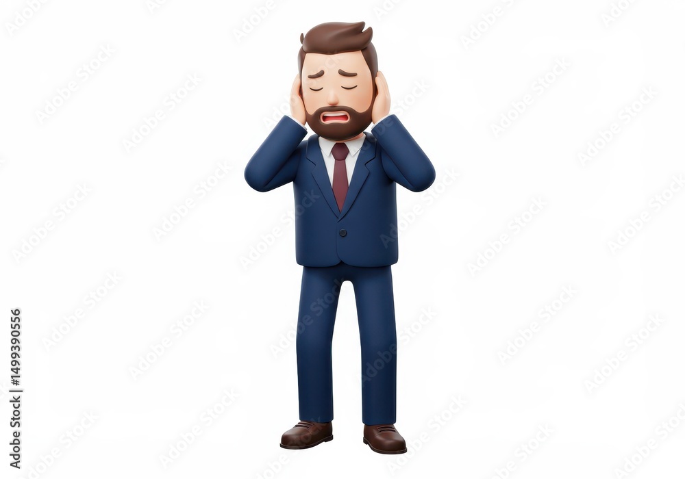 Obraz premium 3D Illustration of Cartoon businessman in suit covering ears, showing stress and anxiety isolated on white background