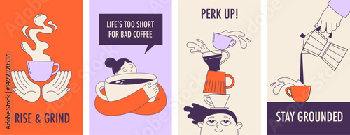 Hand drawn coffee quote posters with cute cartoon characters
