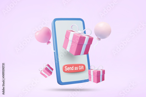 3D vector illustration rendering of a gift box floating on a mobile phone screen with a sign saying "Send as Gift" and balloons on the side. Concept of online gift delivery service or smartphone shop