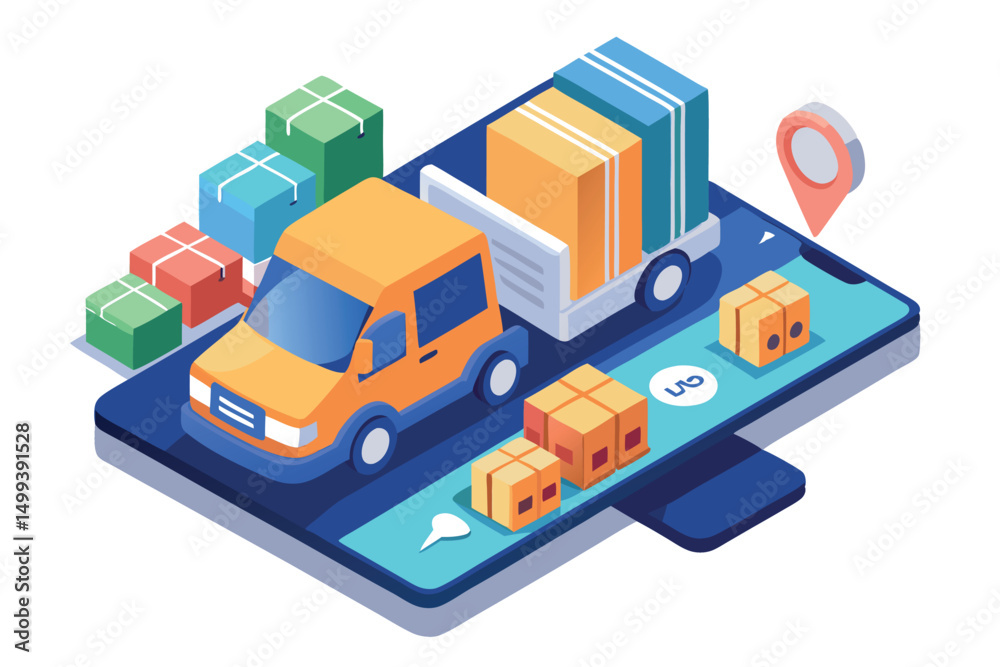 Obraz premium Delivery of Goods, Mobile Applications, Truck, Boxes, Smartphone, Navigation Icon, 3D Vector Design. For Logistics Design Concepts.