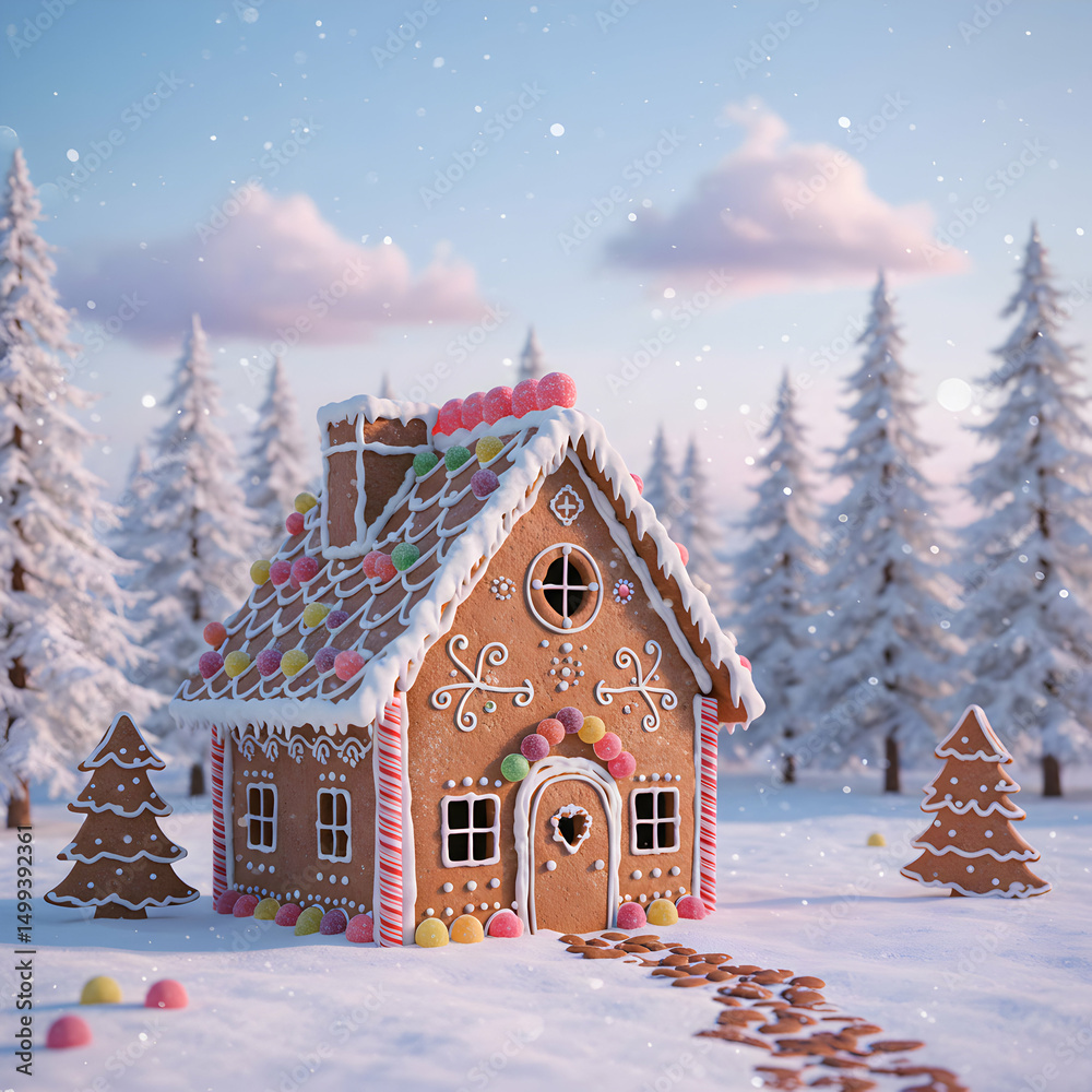 Naklejka premium Adorable Gingerbread House 3D Render