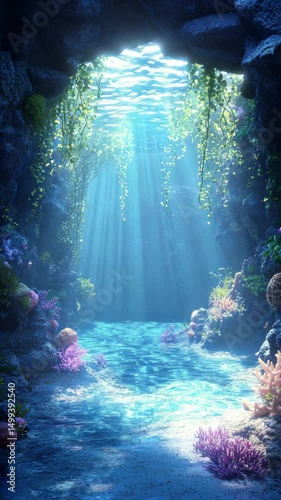 Sunlit Aquatic Grotto: A serene underwater cave bathed in ethereal sunlight, showcasing vibrant coral and the magical interplay of light and water.