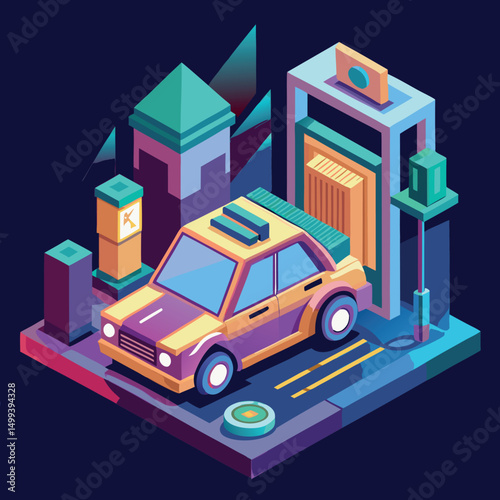 Futuristic Composition of Electric Vehicle at Charging Station 3D Render Vector Art illustration. Modern SUV Car Illustration and Power Station to Recharge.