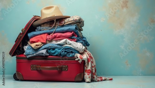 Overstuffed suitcase overflowing with clothes and travel items ready for a trip , explorer, holiday, flight