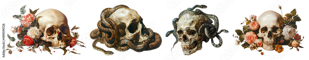 Obraz premium PNG Skulls entwined with nature, element set on transparent background