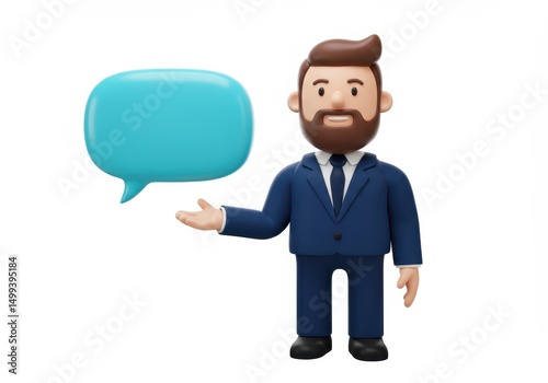 3D Illustration of Cartoon businessman presenting a speech bubble isolated on white background with a friendly expression