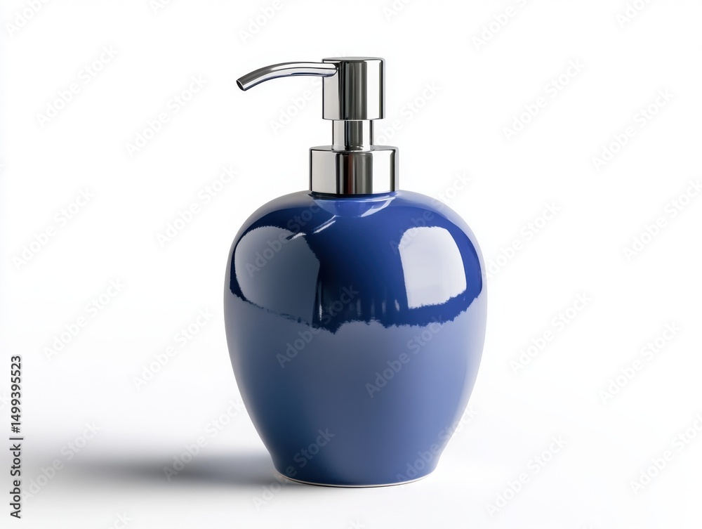 Fototapeta premium Blue soap dispenser with silver pump isolated on white background for bathroom accessory and hygiene product display