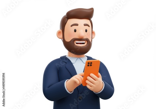 3D Illustration of Cartoon man in a suit using a smartphone isolated on white background