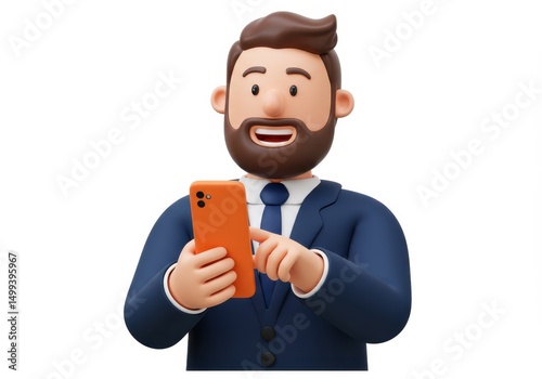 3D Illustration of Cartoon businessman in a suit using an orange smartphone isolated on white background while smiling
