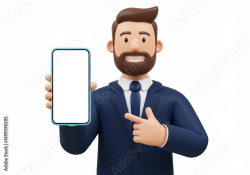 3D Illustration of Cartoon businessman in suit holding smartphone with blank screen isolated on white background pointing at the display
