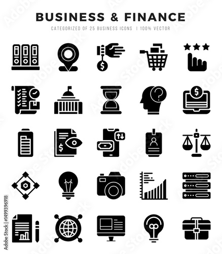 Set of Business & Finance icons in Glyph style. Glyph Icons symbol collection.