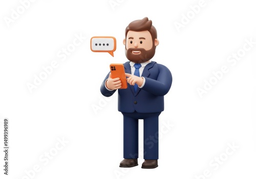 3D Illustration of Cartoon businessman using smartphone with speech bubble isolated on white background and wearing a suit