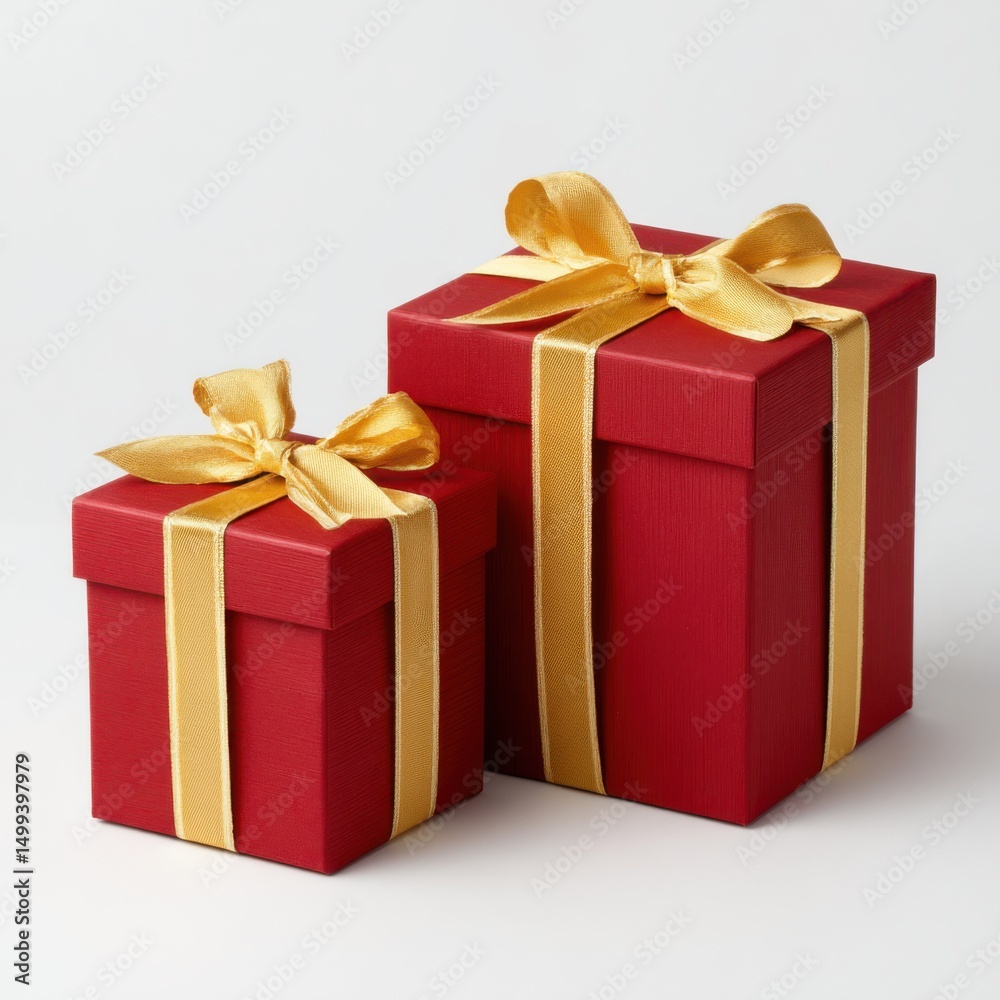 Obraz premium Two red gift boxes with gold ribbons