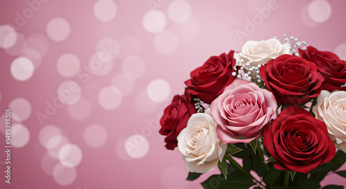 Roses, Bouquet, Red roses, Romantic Rose Bouquet on Pink Background