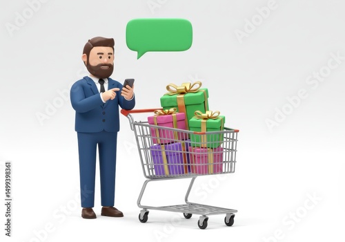 3D Illustration of Cartoon businessman using smartphone standing next to a shopping cart full of colorful gift boxes isolated on white background