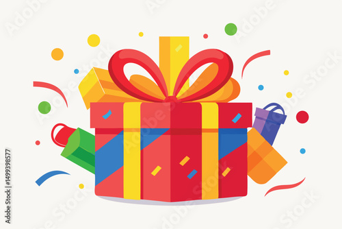 Set of Festive Gift Box, Red Box Wrap and Yellow Ribbon, Closed and Open With Bright Confetti Vector Design.