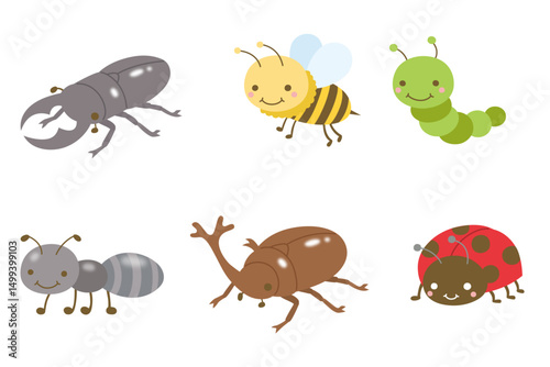 Vibrant Insect Cartoon Set: Beetles, Bees, Ladybugs in Playful Flat Design for Children’s Educational Content