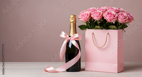 Pink roses, Champagne, Gift bag, Pink Roses, Champagne, and Gift Bag