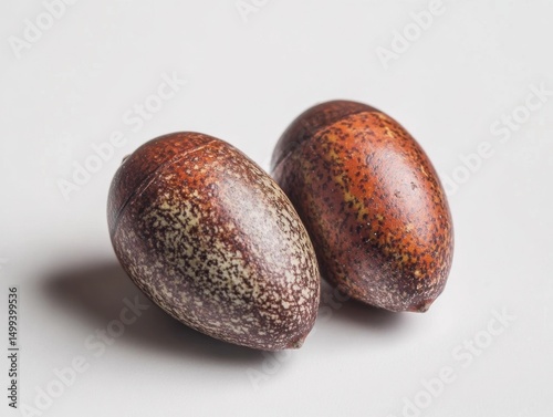 Close-up of three acorns isolated on white background for autumn, nature, and healthy eating design concepts