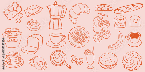Breakfast doodle illustration set. Hand drawn food elements for morning meal designs. Cute vector sketch of coffee, eggs, croissant, jam, fruits, toast, waffles, breads and drinks