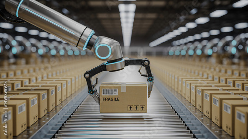 Robotic arm organizing warehouse packages