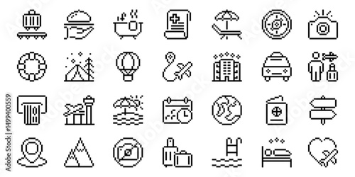Travel pixel icon collection set. Summer vacations and holiday symbol vector illustration.