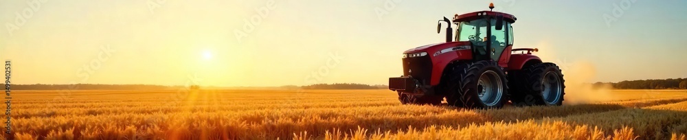 Obraz premium A powerful red tractor sits in a sun-drenched field, ready for harvest Its gleaming metal and strong silhouette convey the power and dependability of farm machinery , heavy machinery, landscaping