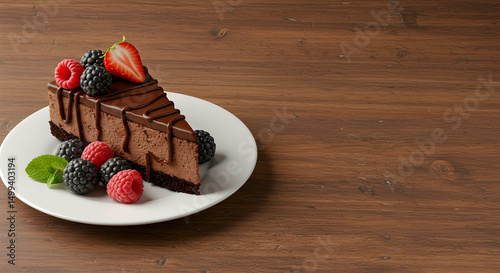 Chocolate mousse cake, Chocolate cake, Cake, Chocolate Mousse Cake with Berries on Wooden Table