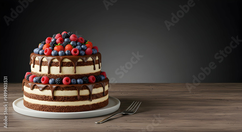 Cake, Chocolate cake, Two-tiered cake, Delicious Two-Tiered Chocolate Cake with Fresh Berries