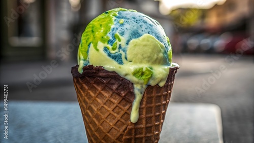 Earth melting into ice cream cone A visual metaphor for climate change photo